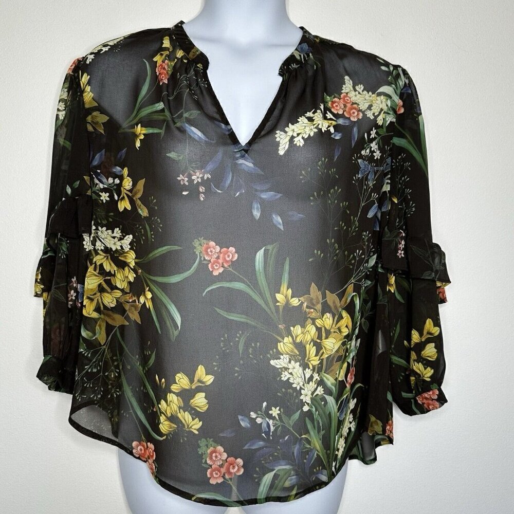 Chicos Chiffon Floral Ruffle Sleeve Sheer‎ Blouse Size XL Black Boho